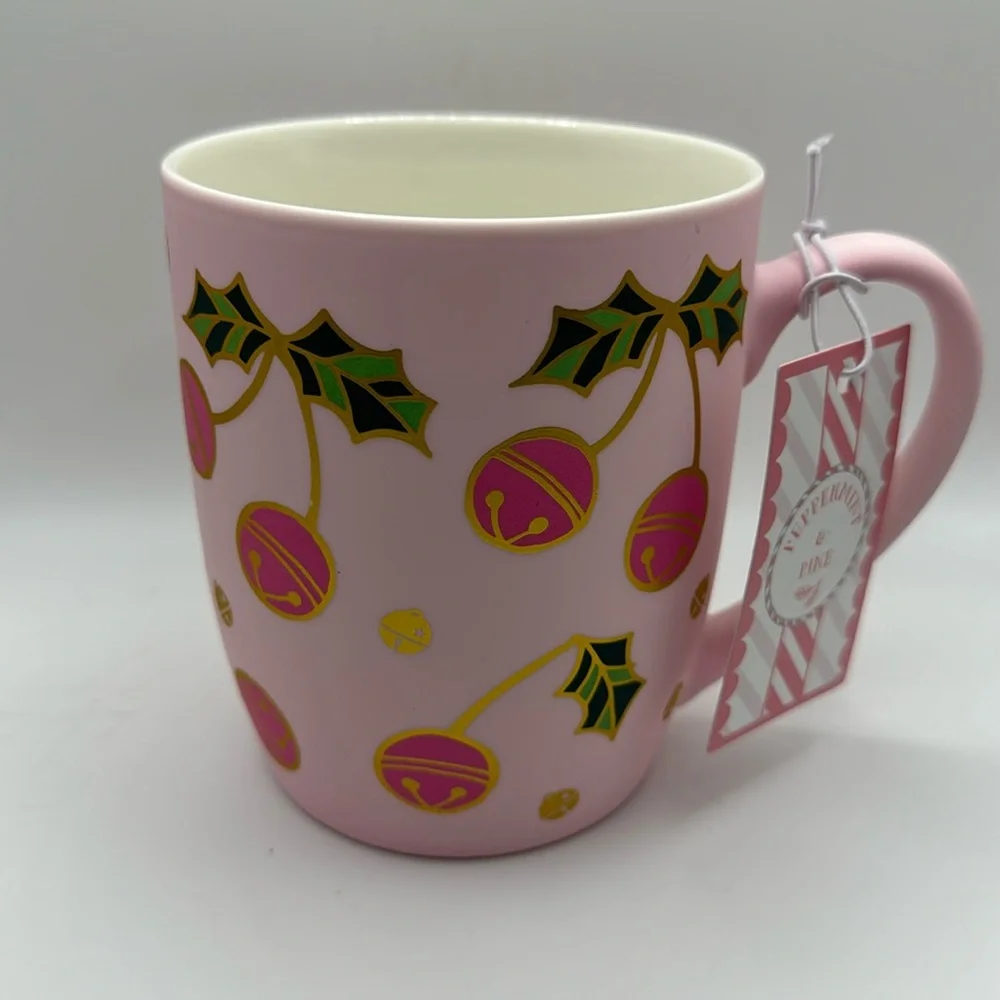 NEW Pink Christmas Winter‎ Cherry Holly Bells Soft Matte Touch Mug